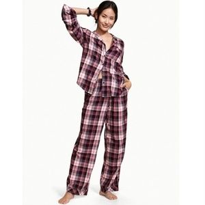 NWT Victoria Secret Flannel Pajama Set XXL 3pc Lounge Black Gray Hot Pink Plaid